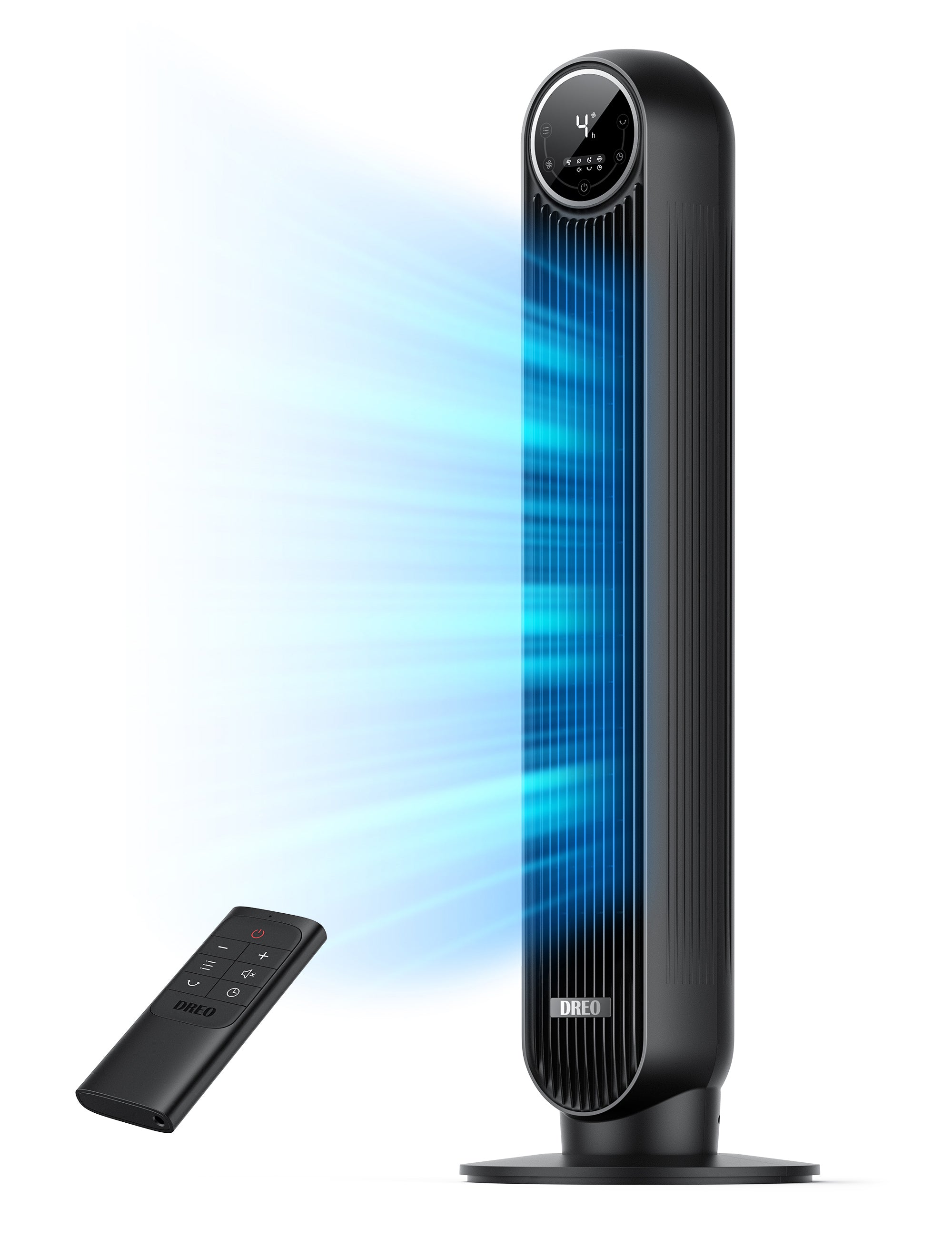 Black DREO tower fan and remote on a clean white background