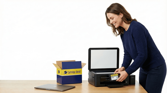 Woman installing an ink cartridge in a home printer beside a Cartridge World delivery box