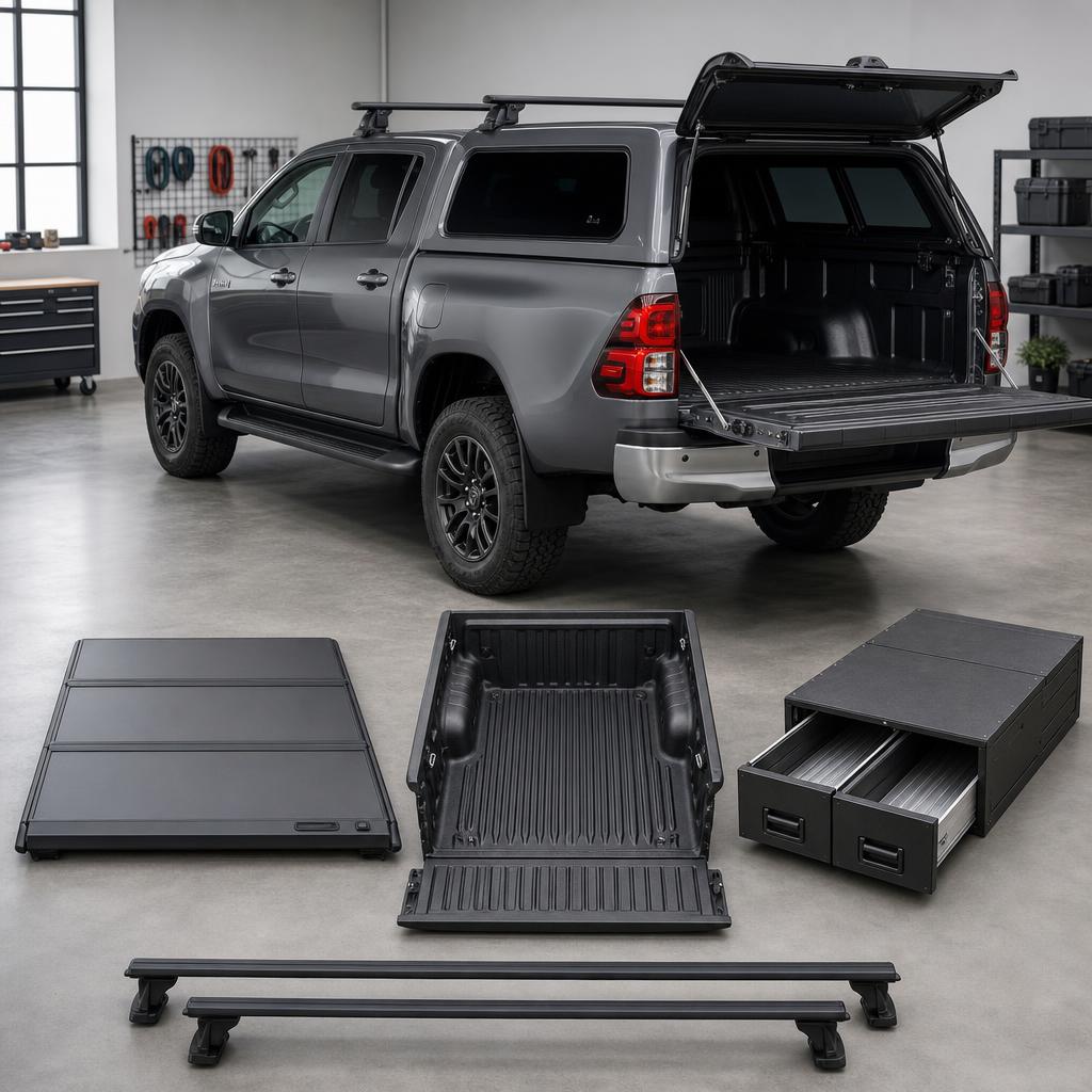 Original pickup-accessory editorial with canopy, tonneau, liner, drawers and roof bars