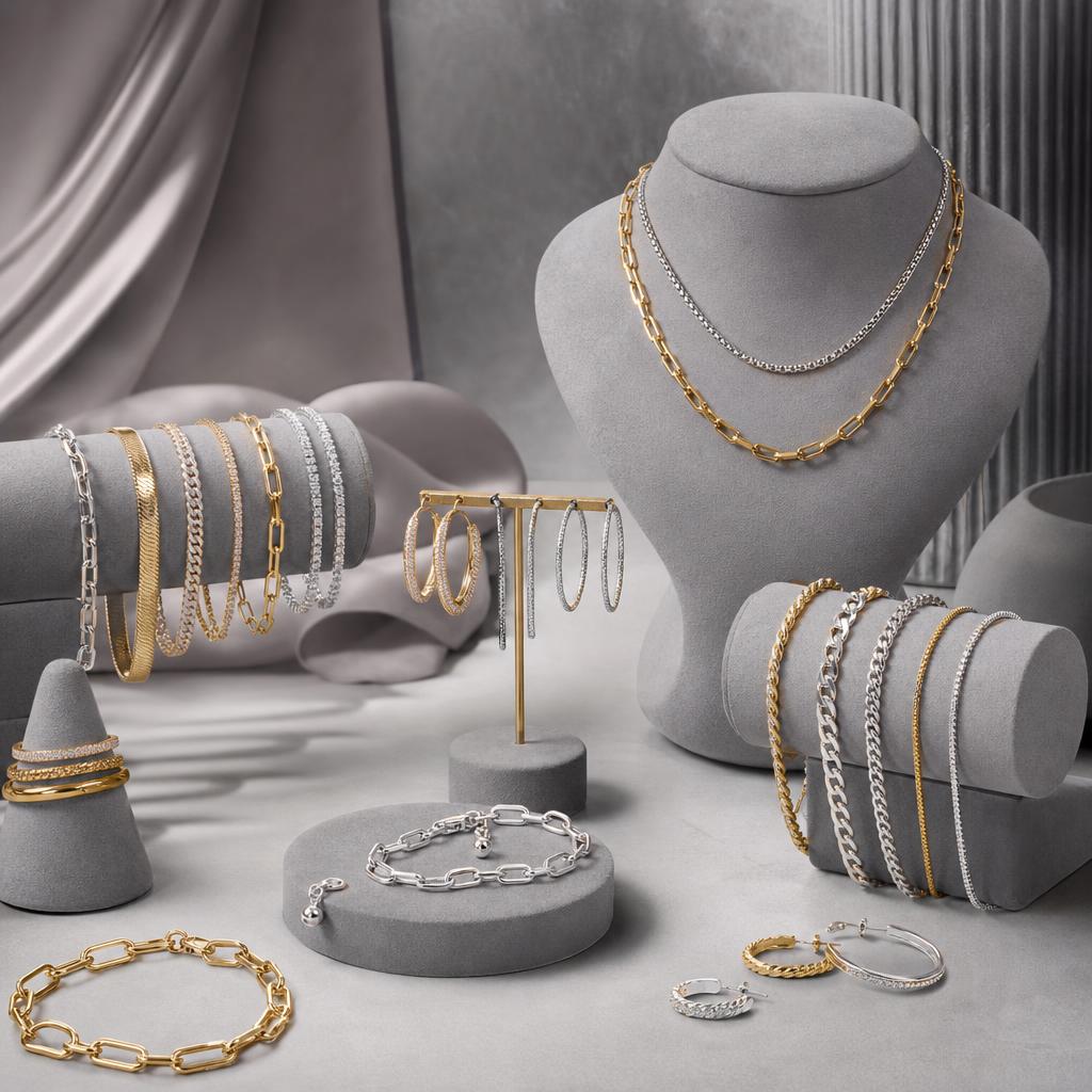 Original jewellery editorial with silver and gold-tone necklaces, bracelets and earrings