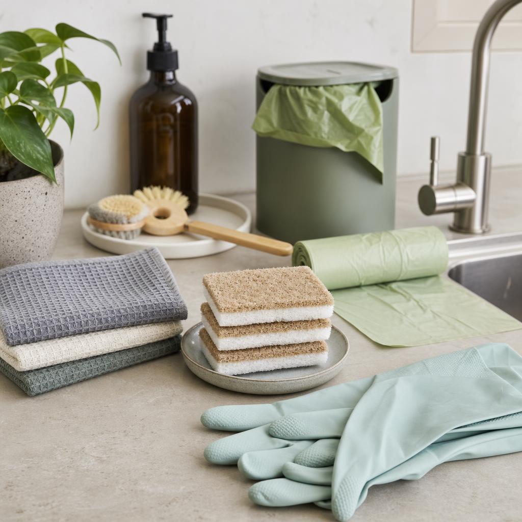 Original household-cleaning editorial with sponges, cloths, brush, liners and gloves
