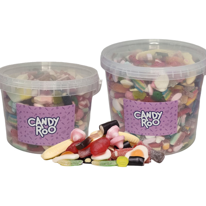 Two clear Candy Roo tubs filled with colourful pick-and-mix sweets, with loose sweets arranged in front