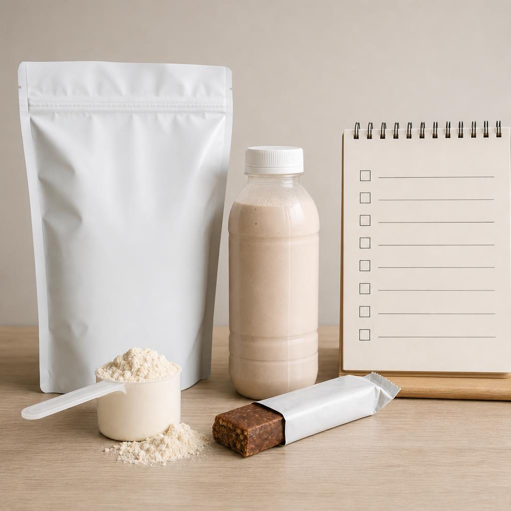 Original conservative sports-nutrition editorial with sealed powder, shake, bar, scoop and checklist