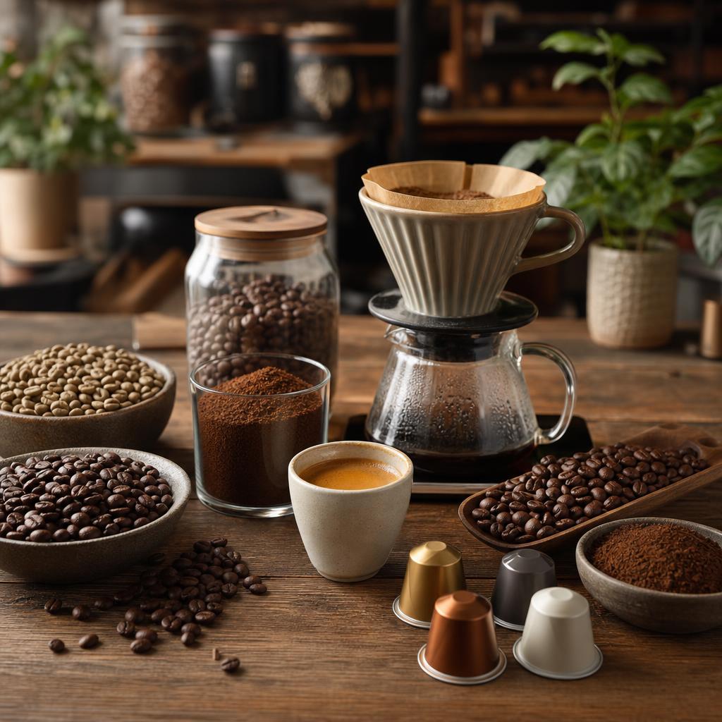 Original specialty-coffee editorial with beans, grounds, espresso, pour-over and generic capsules