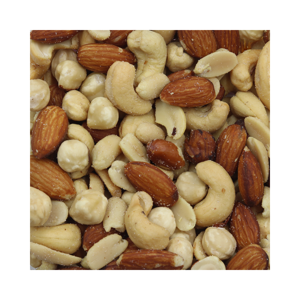 Close-up of roasted mixed cashews, almonds, peanuts, and Brazil nuts