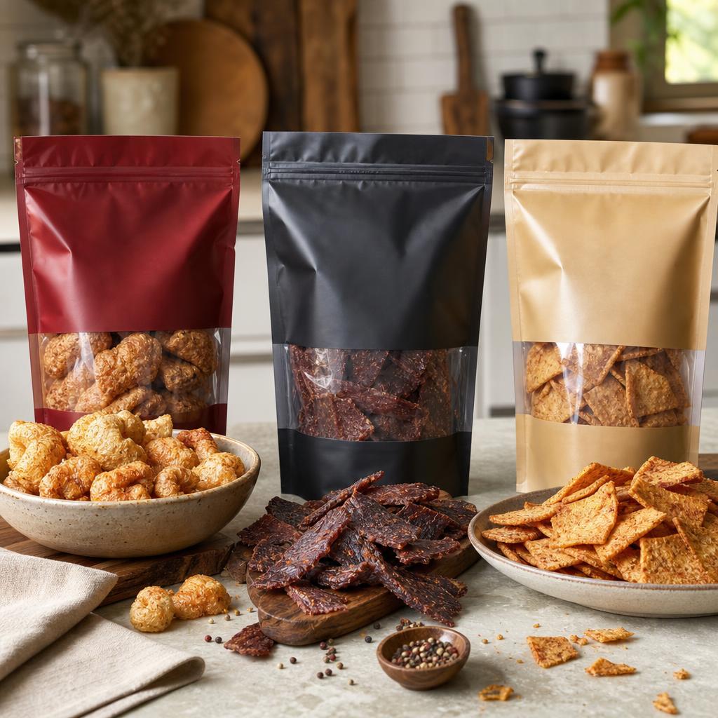 Original food editorial with sealed snack bags, pork puffs, biltong and protein chips