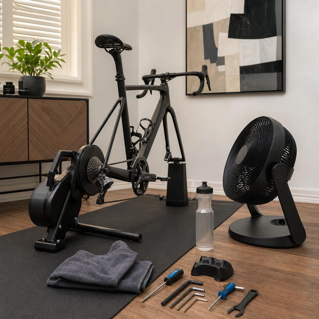 Original photographic Zwift editorial for indoor cycling and running training app with compatible exercise equipment