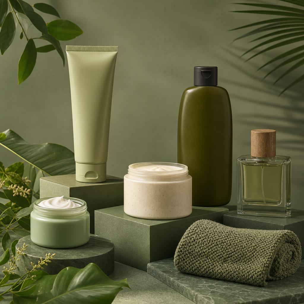 Original skincare and body-care editorial with cleanser, moisturiser, body butter, shampoo and fragrance