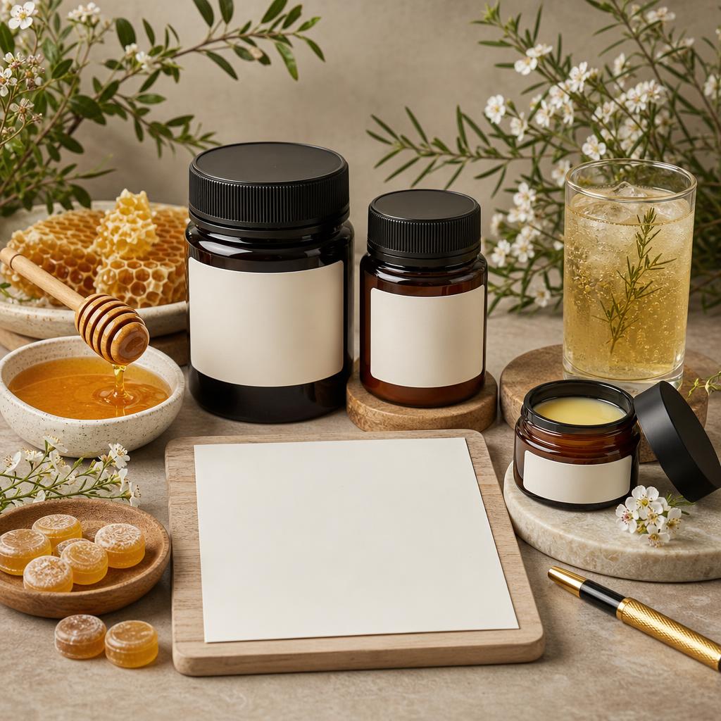 Original mānuka honey editorial with jars, dipper, drink, lozenges, topical balm and blank grading card