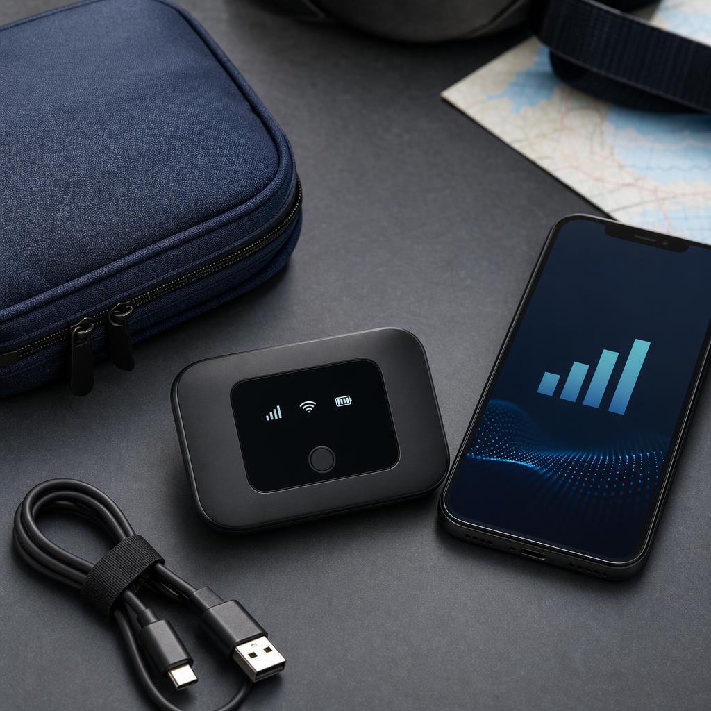 Original technology-hire editorial with portable Wi-Fi hotspot, travel pouch and charging cable