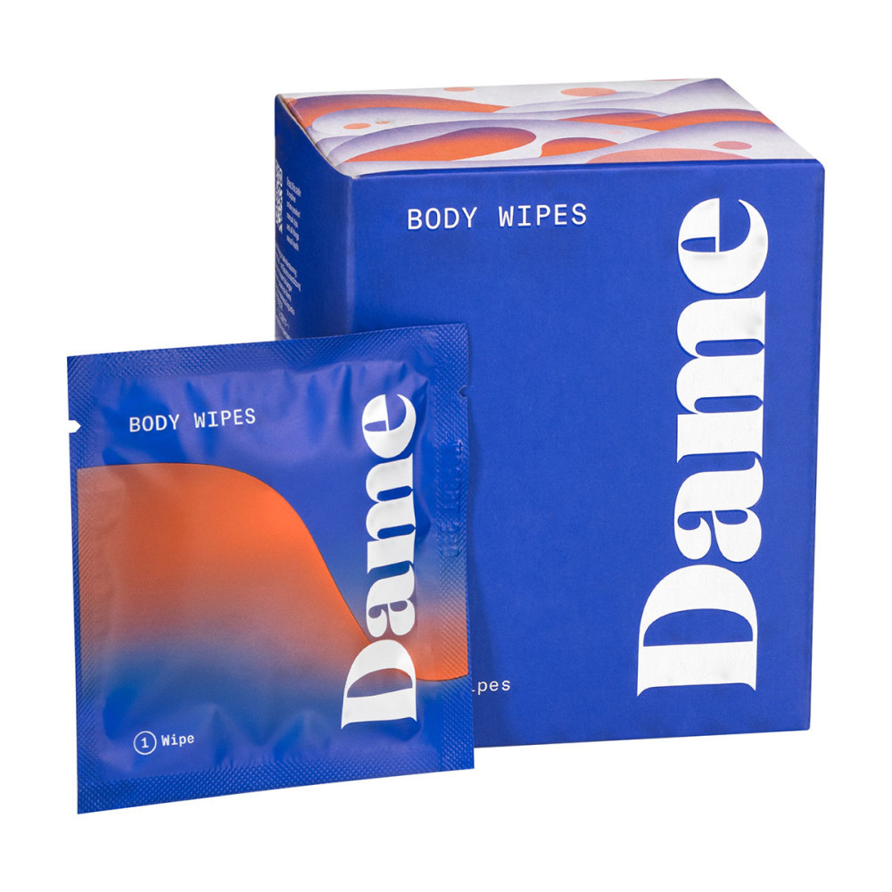 Blue and orange box of individually wrapped body wipes with one packet displayed in front.