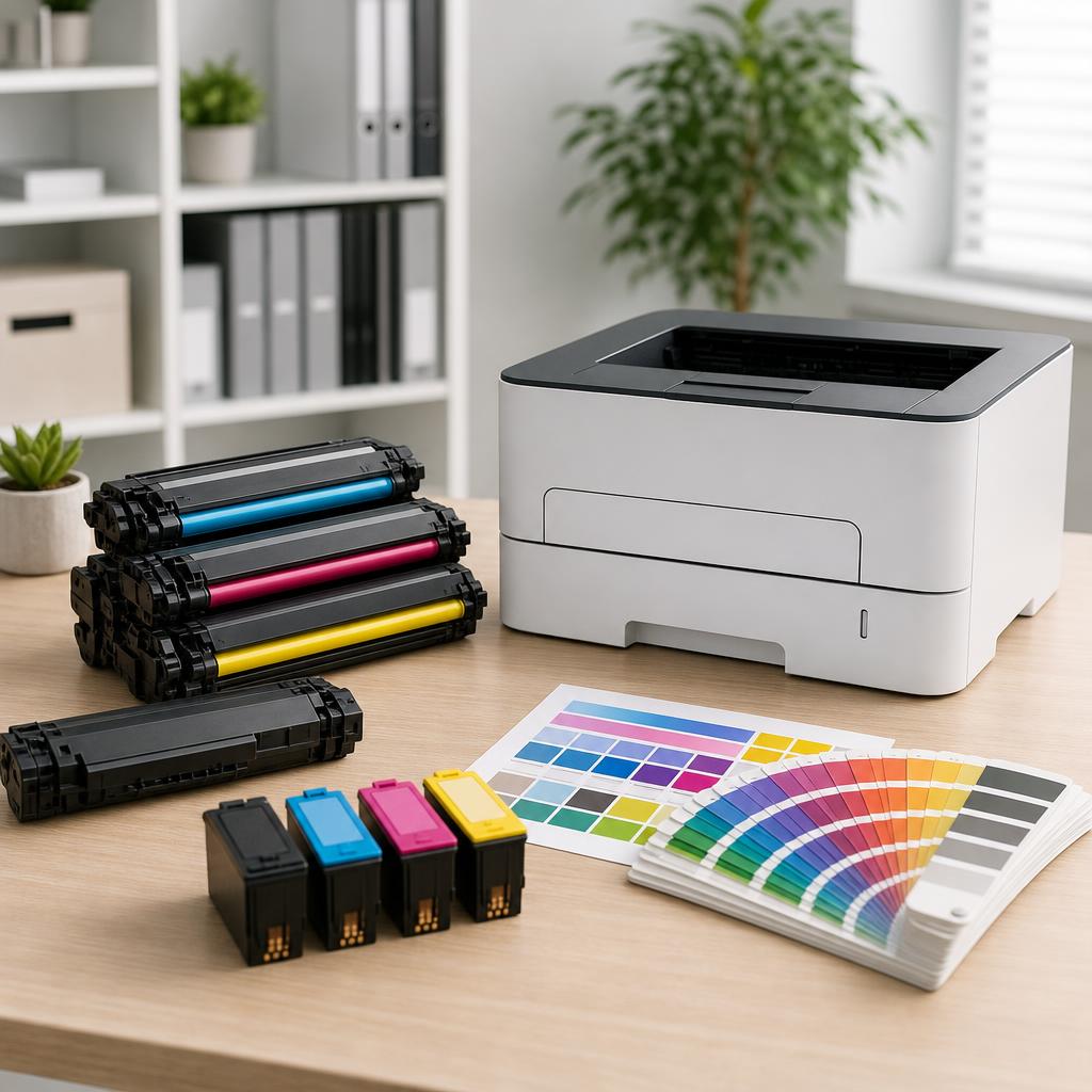 Original printer supplies editorial with ink and toner cartridges, swatches and office printer