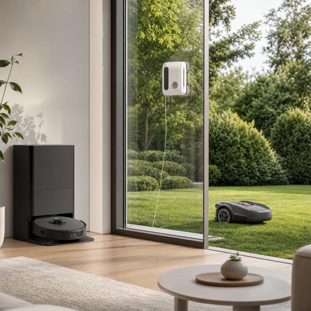 Original home-robotics editorial with robot vacuum, window cleaner and lawn mower