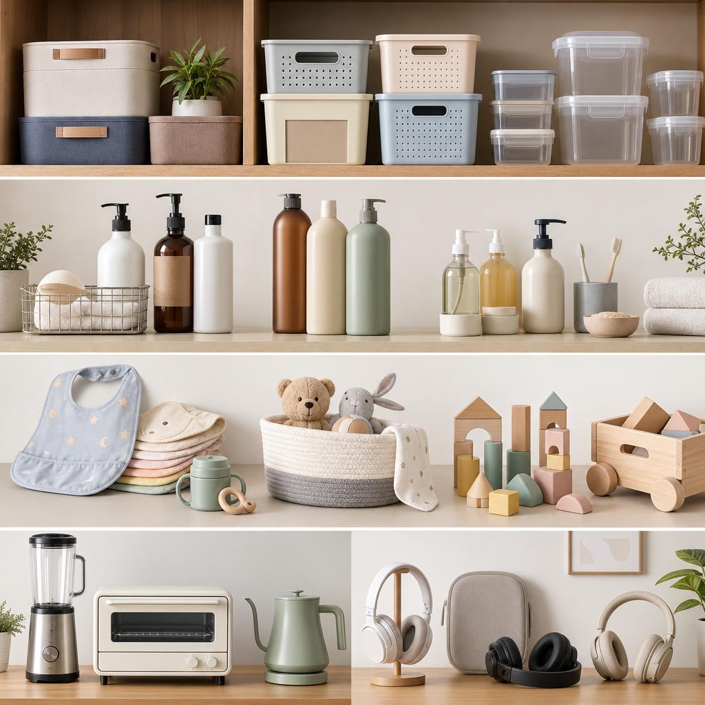 Original department-store editorial with household, personal care, baby, toy, kitchen and tech items