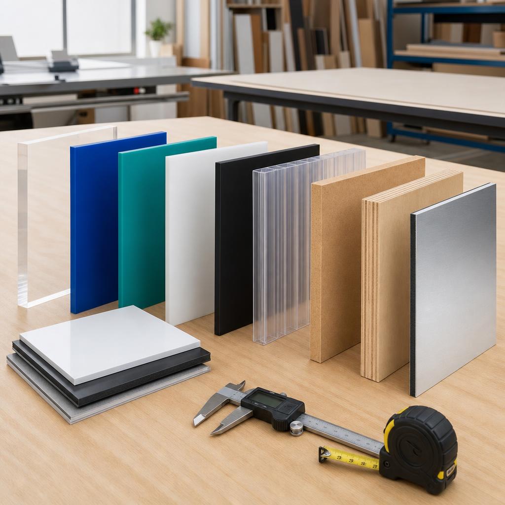 Original sheet-material editorial with acrylic, plastic, wood composite, caliper and tape measure