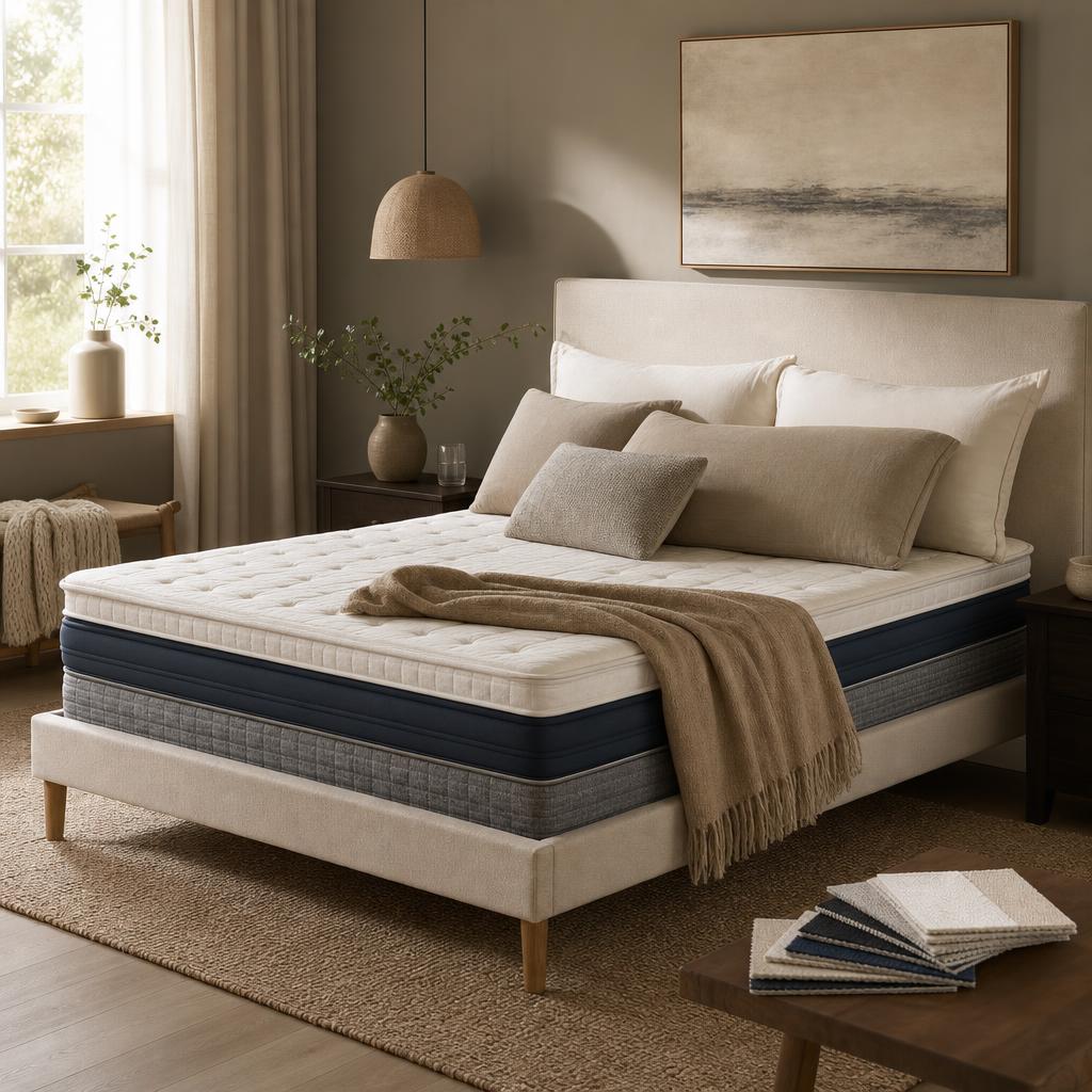 Original bedroom editorial with layered mattress, upholstered bed and fabric swatches