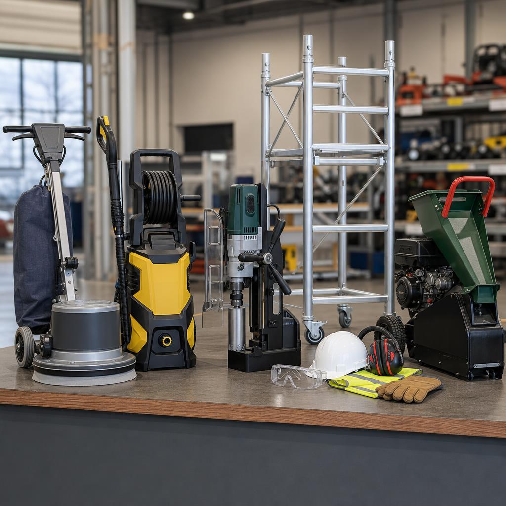 Original lawful tool-hire editorial with equipment, access component and PPE