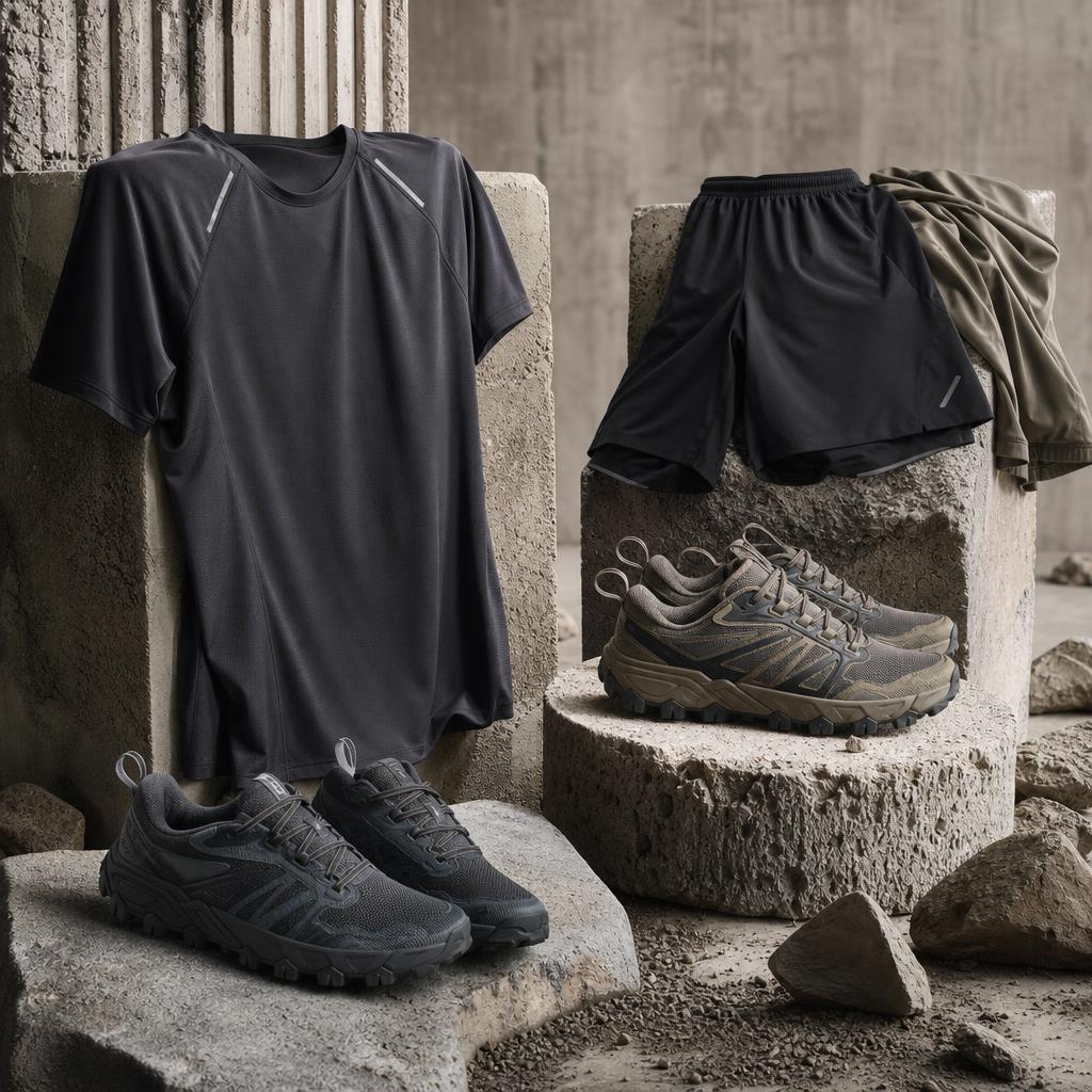 Original active streetwear editorial with trainers and technical clothing on rugged studio plinths