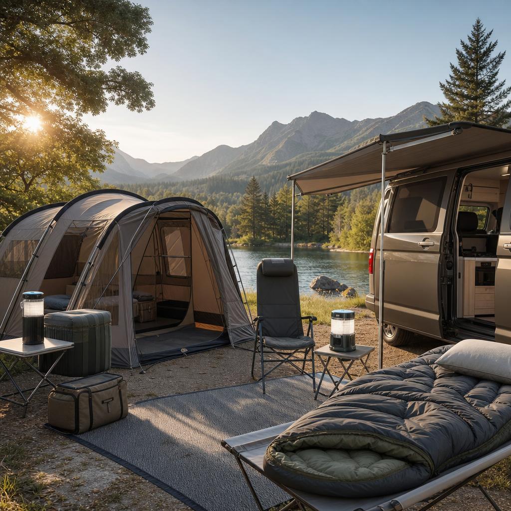 Original camping editorial with family tent, campervan awning, chair, sleeping bag and lantern