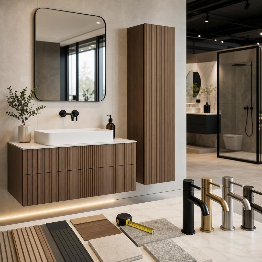 Original bathroom-furniture editorial with vanity, basin, mirror, storage, taps and tape measure
