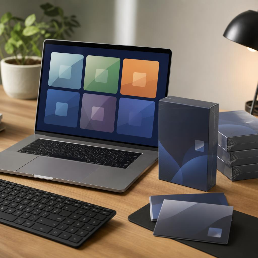 Original digital software editorial with laptop, generic activation cards and keyboard