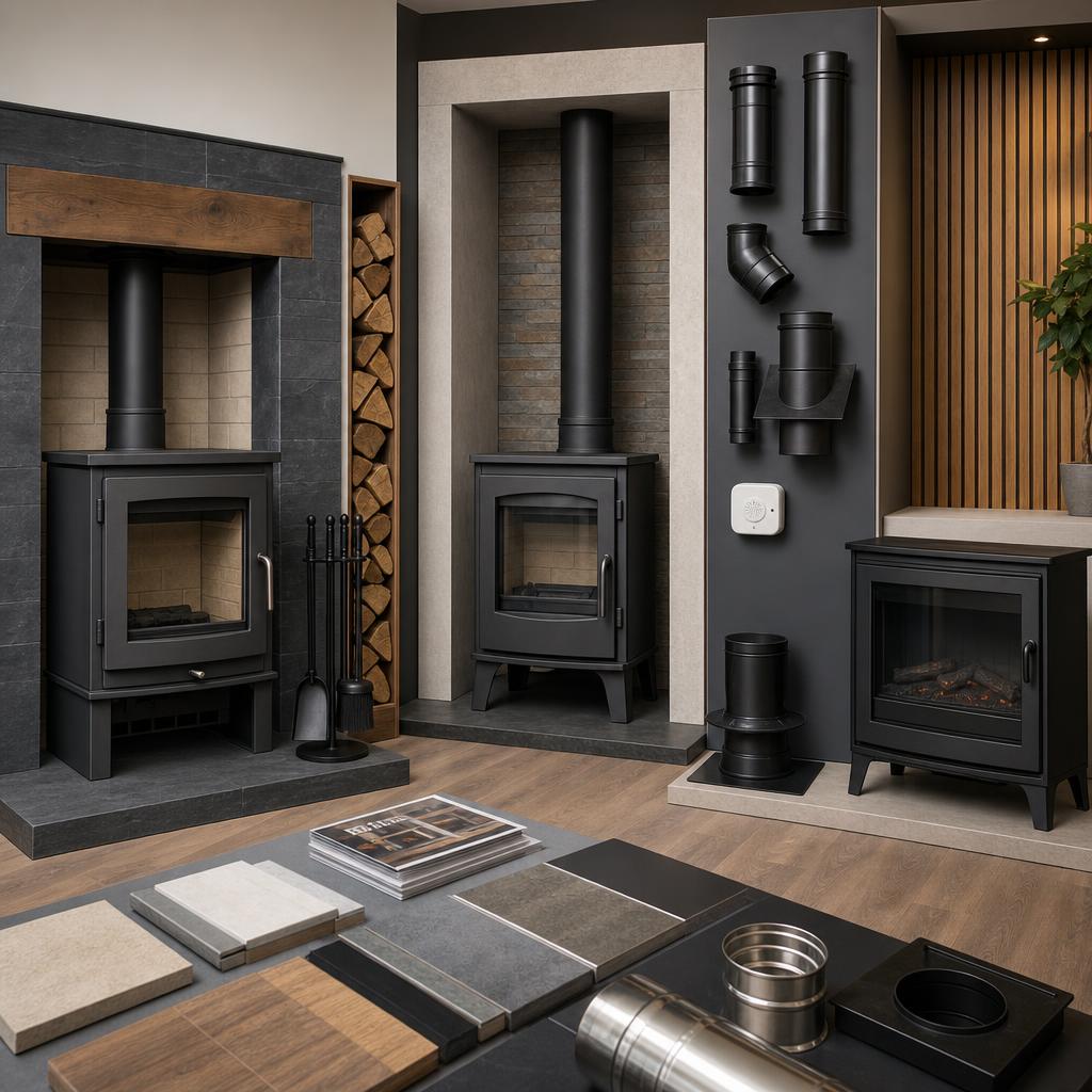 Original cold stove showroom with wood, multifuel and electric stoves, flue parts and alarm