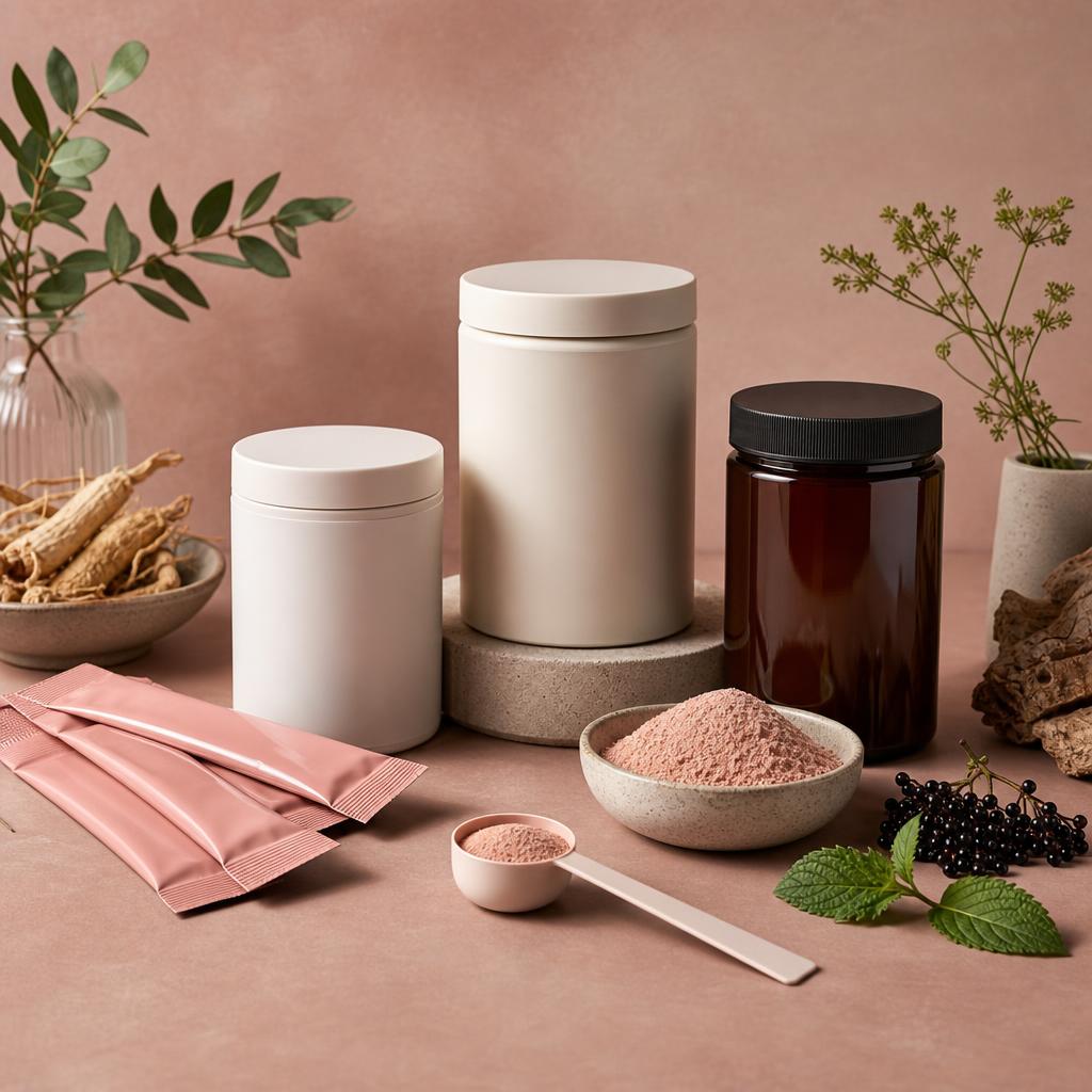 Original conservative supplement editorial with sealed jars and sachets on a muted rose surface
