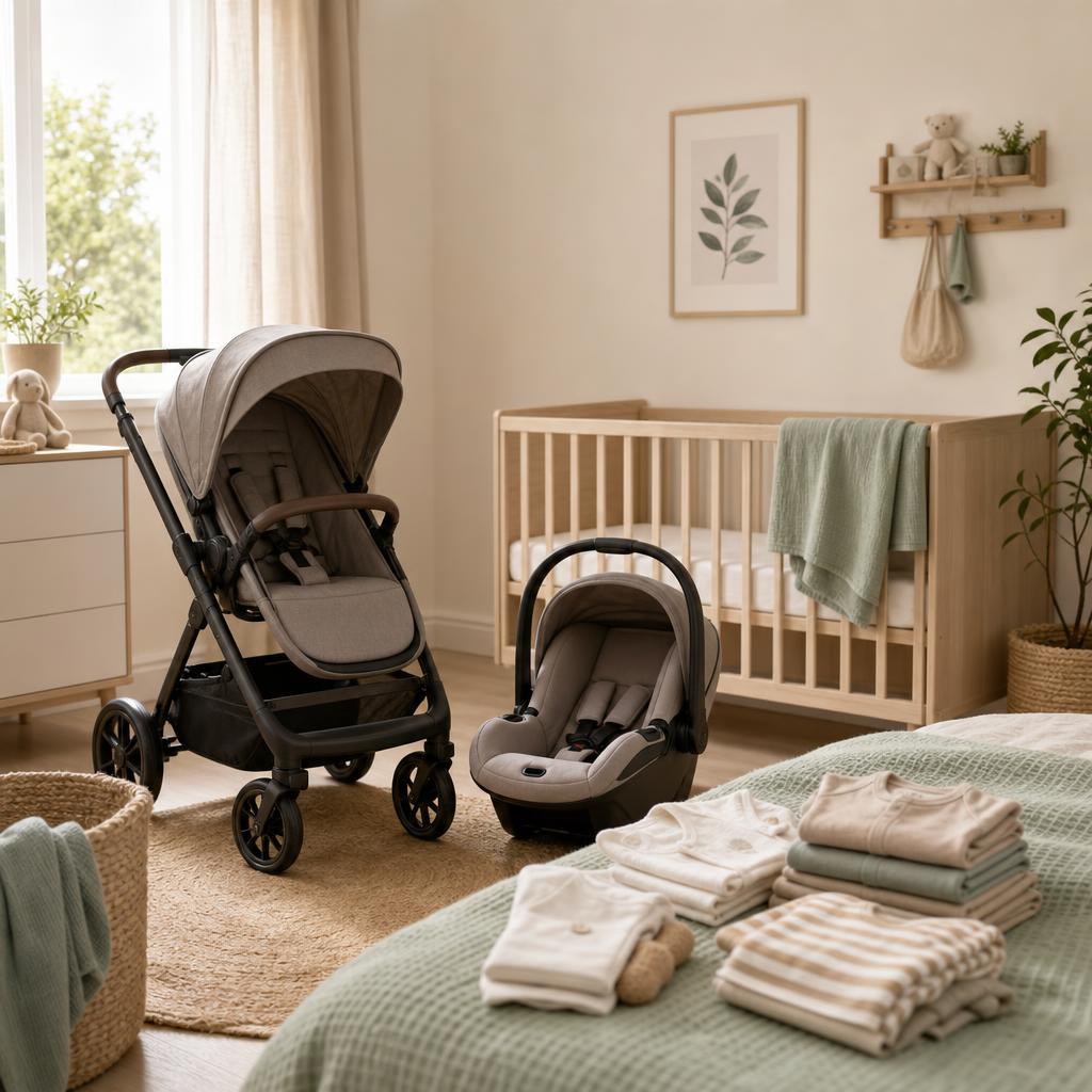 Original baby and nursery editorial with pushchair, infant car seat, cot and folded clothing