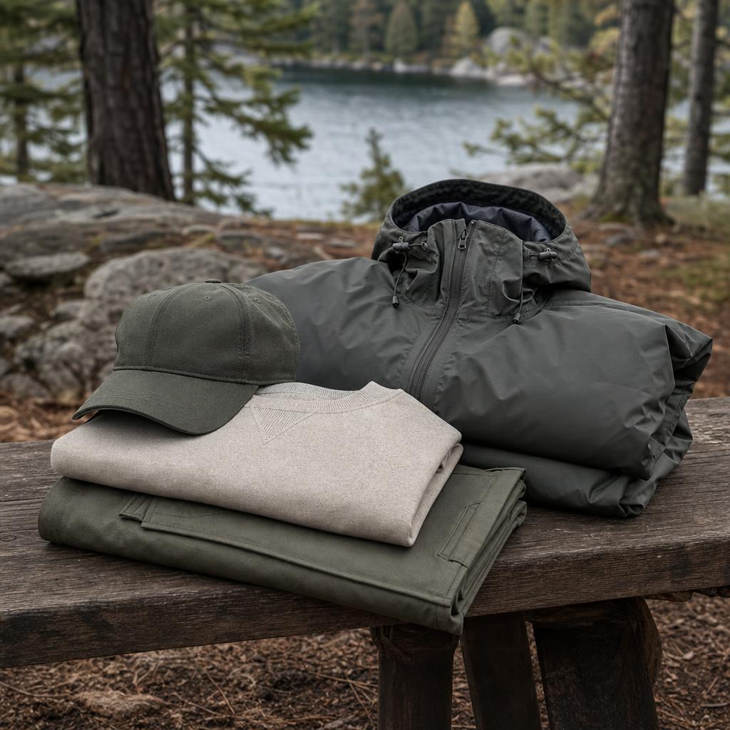 Original outdoor-inspired clothing editorial with jacket, sweatshirt, trousers and cap
