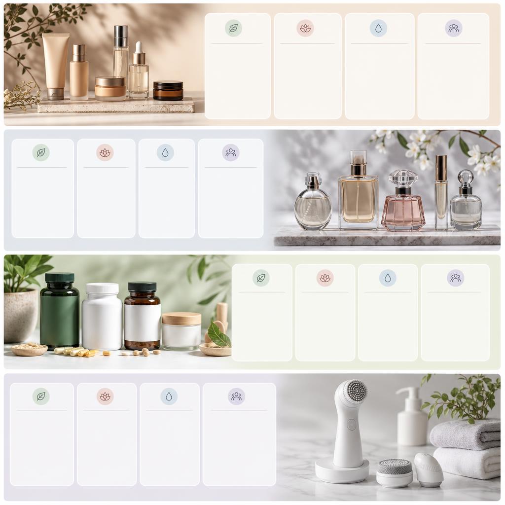 Original OneBioShop ES editorial for Spanish-market health and beauty catalogue with cosmetics, fragrances, supplements and personal-care devices