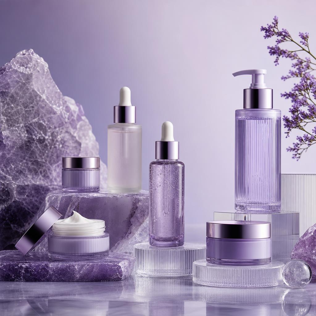Original luxury skincare editorial with serum droppers and cream jars on lilac stone