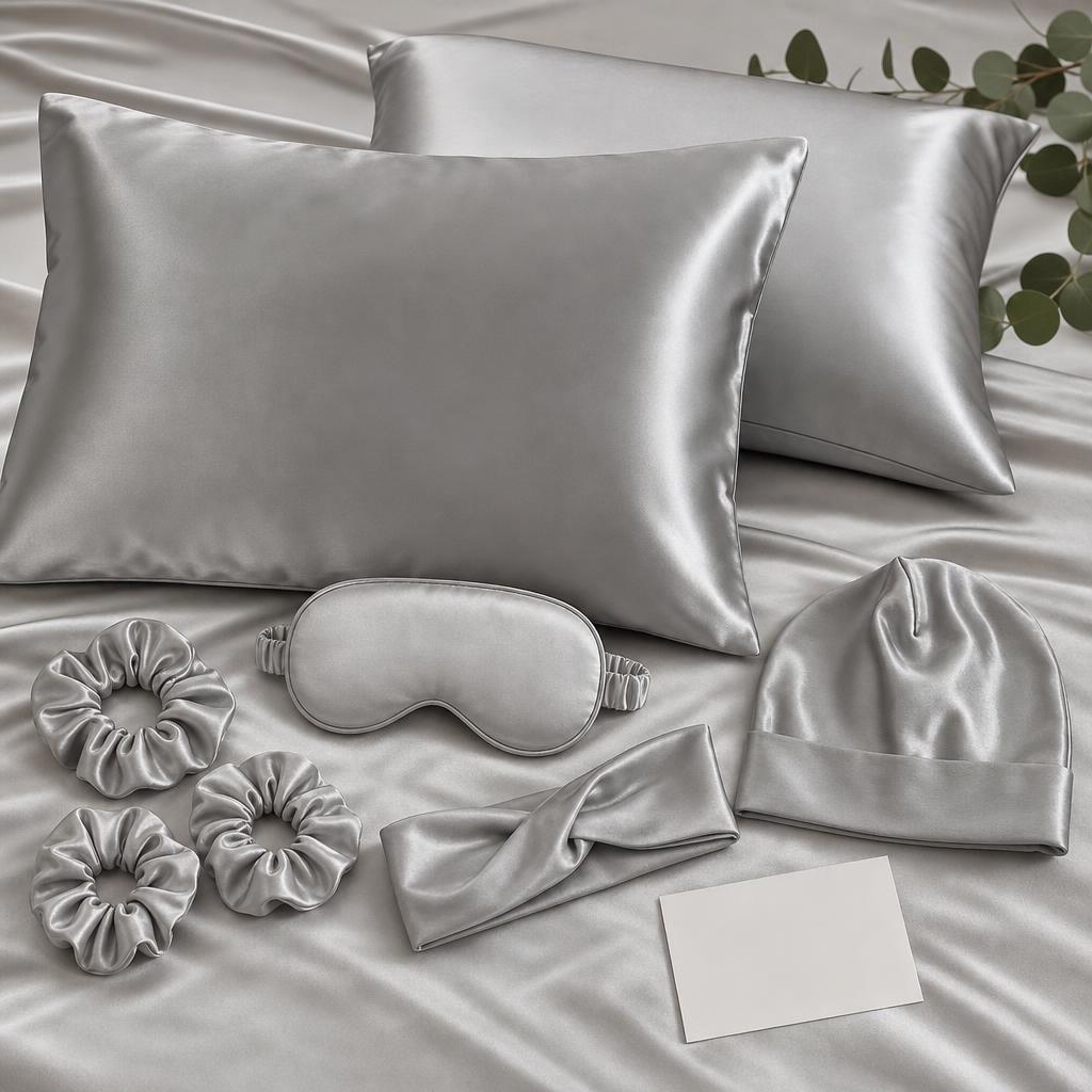 Original beauty-textile editorial with satin pillowcases, mask, scrunchies, headband and beanie