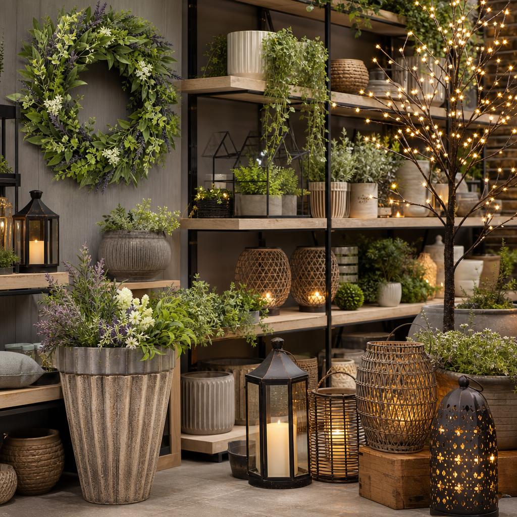 Original garden and seasonal homeware editorial with wreath, decorative tree, planter and lights