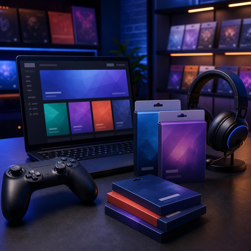 Original digital gaming marketplace editorial with controller, laptop, software cards and headset