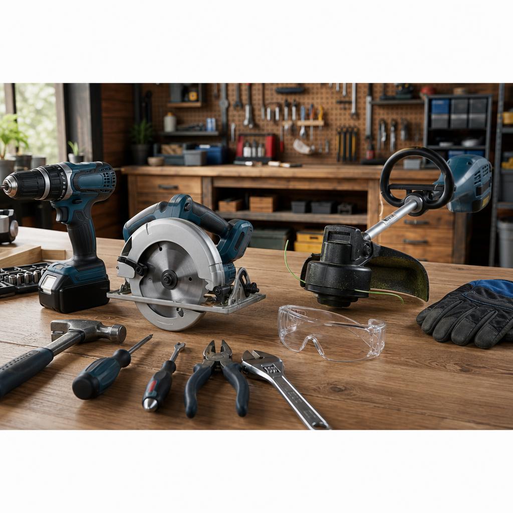 Original lawful-tools editorial with drill, guarded saw, hand tools, trimmer and goggles
