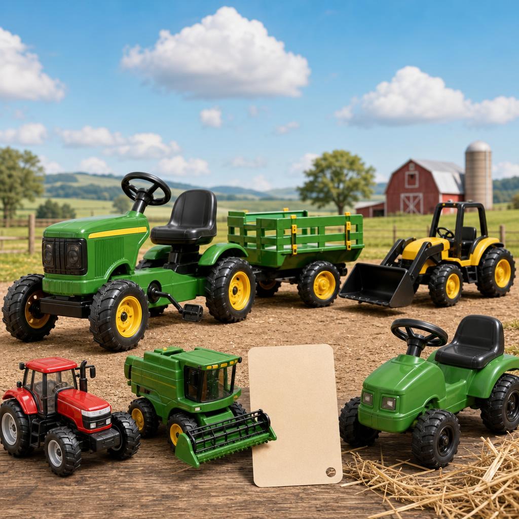 Original children’s agricultural-toy editorial with pedal tractor, trailer, models and blank safety card