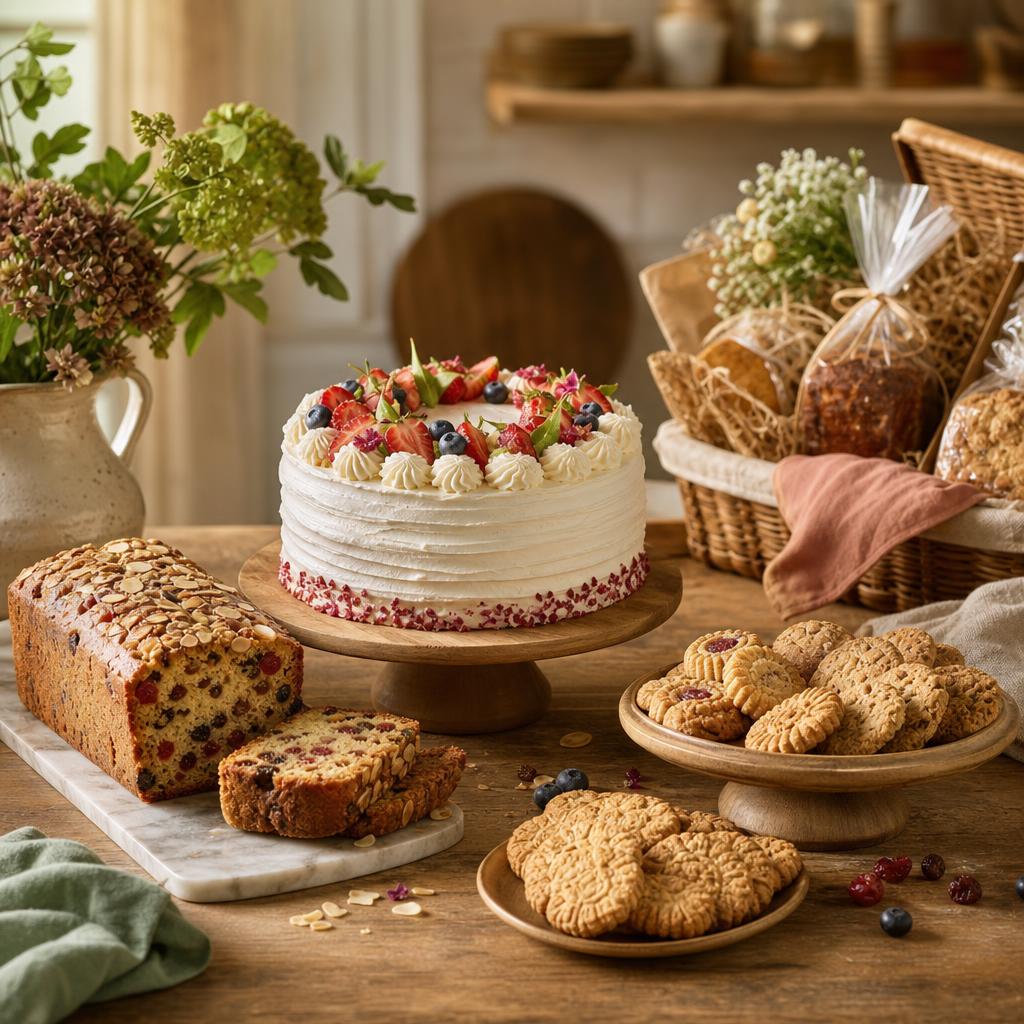 Original artisan bakery editorial with cakes, biscuits and a gift hamper