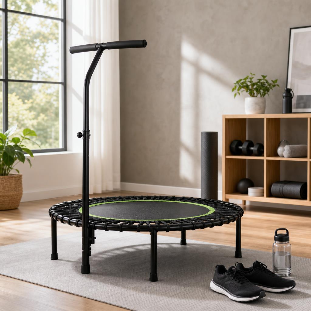 Original editorial image of a mini rebounder trampoline in a bright home exercise room