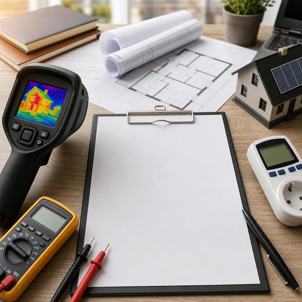 Original property assessment editorial with clipboard, thermal camera, meters and floor plan