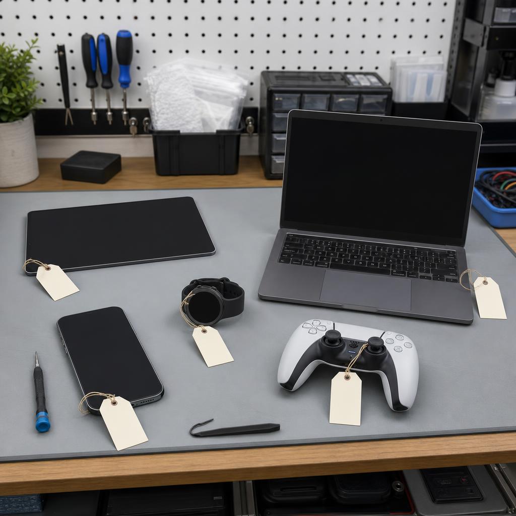 Original refurbished mobile technology editorial with phones, tablet, watch, laptop and controller