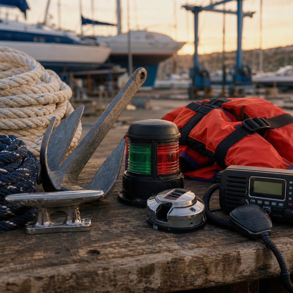 Original marine chandlery editorial with ropes, anchor, life jacket, navigation light and radio