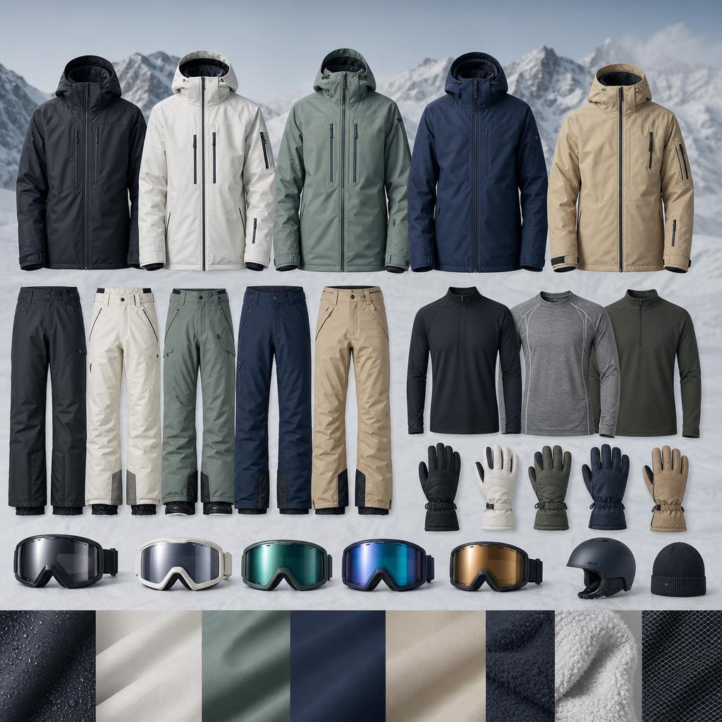 Original ski-clothing editorial with jackets, trousers, base layers, gloves and goggles