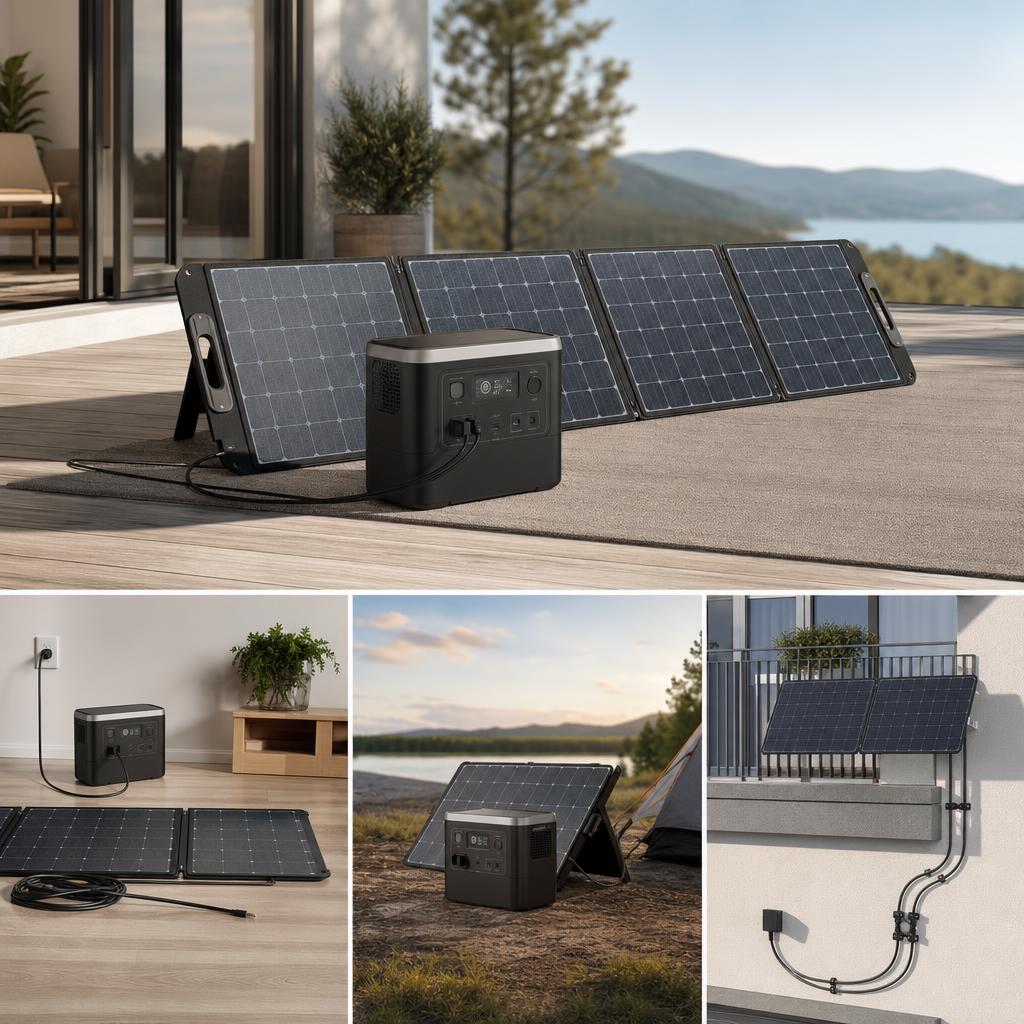Original German portable-energy editorial with power station, solar panels and balcony system