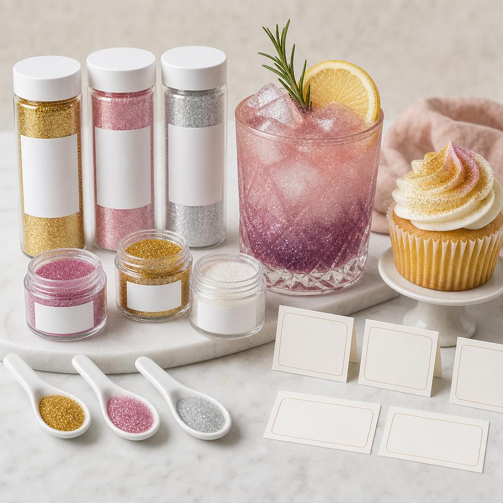 Original glytter DE editorial for food-grade edible glitter powders for drinks and food, glass-rim decorations and cocktail accessories
