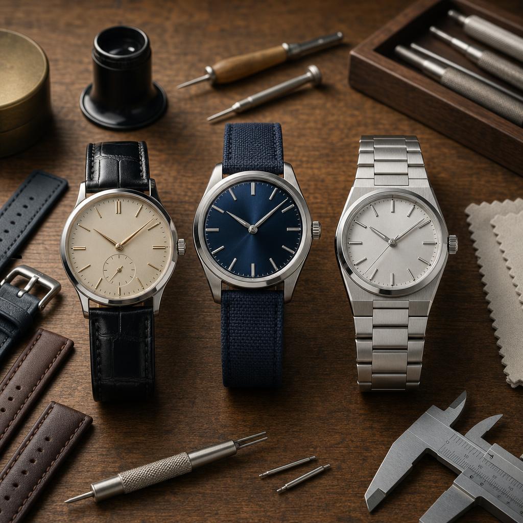 Original wristwatch editorial with dress and everyday watches, tools, straps and sizing gauge