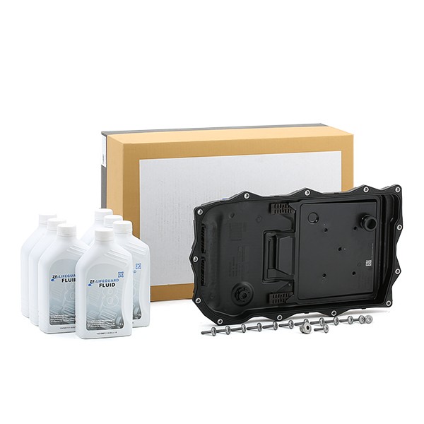 Automotive gearbox service kit with filter, gasket, pan, and fluid containers