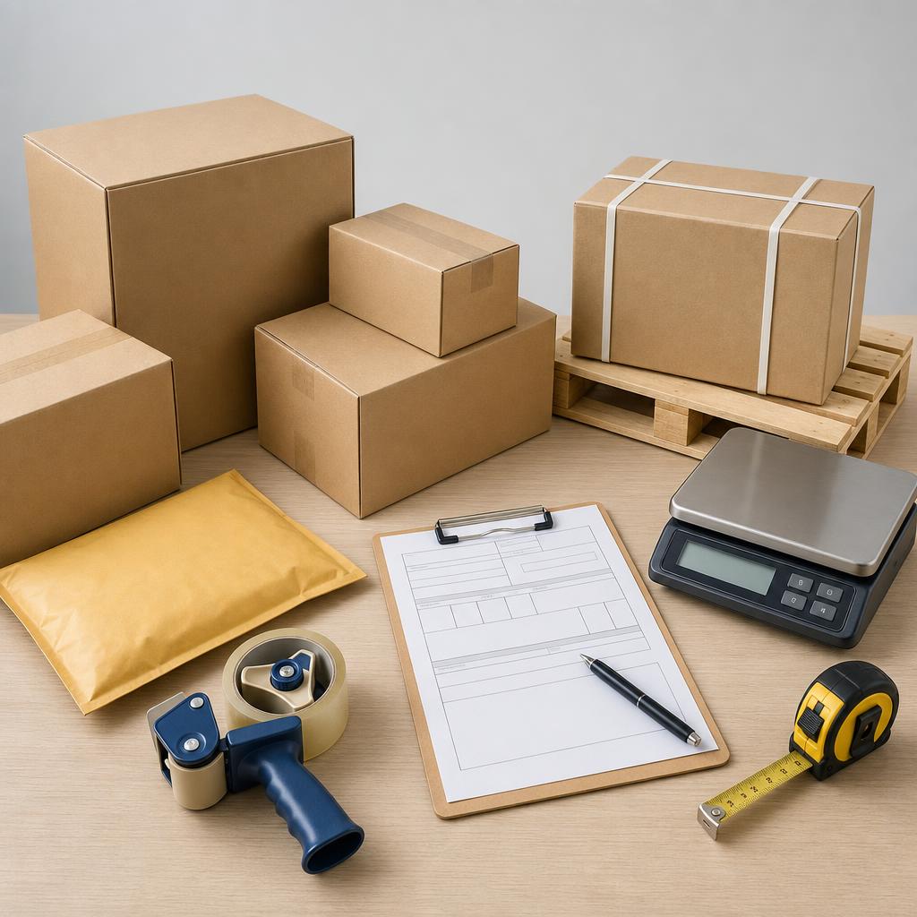 Original logistics editorial with parcels, pallet, scale, tape measure and blank shipping form