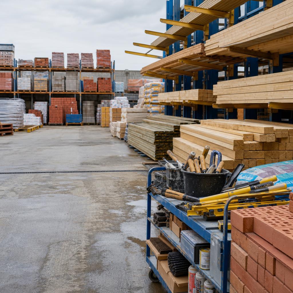 Original editorial image of timber, bricks, insulation and tools in a builders merchant yard