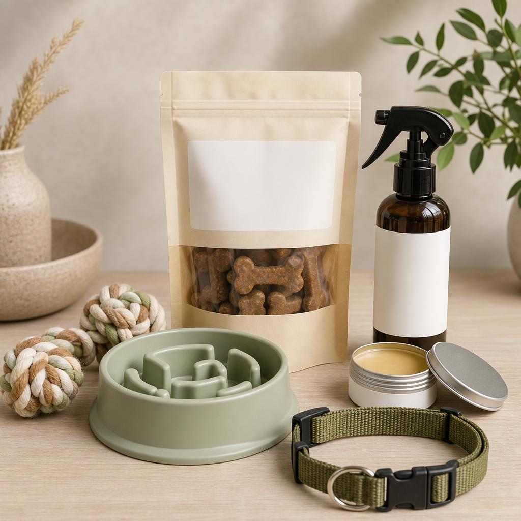 Original conservative dog-product editorial with treats, spray, balm, bowl, toy and collar