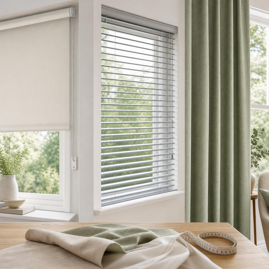 Original window furnishings editorial with roller, venetian and curtain fabrics beside a measuring tape